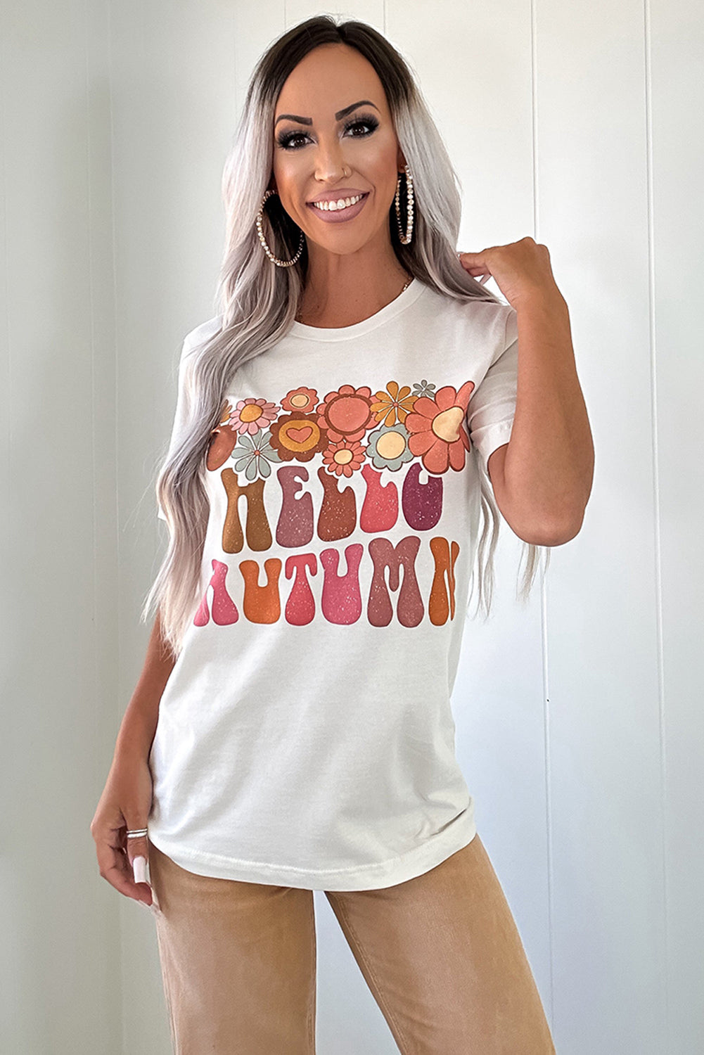 Floral HELLO AUTUMN Printed Crewneck T Shirt