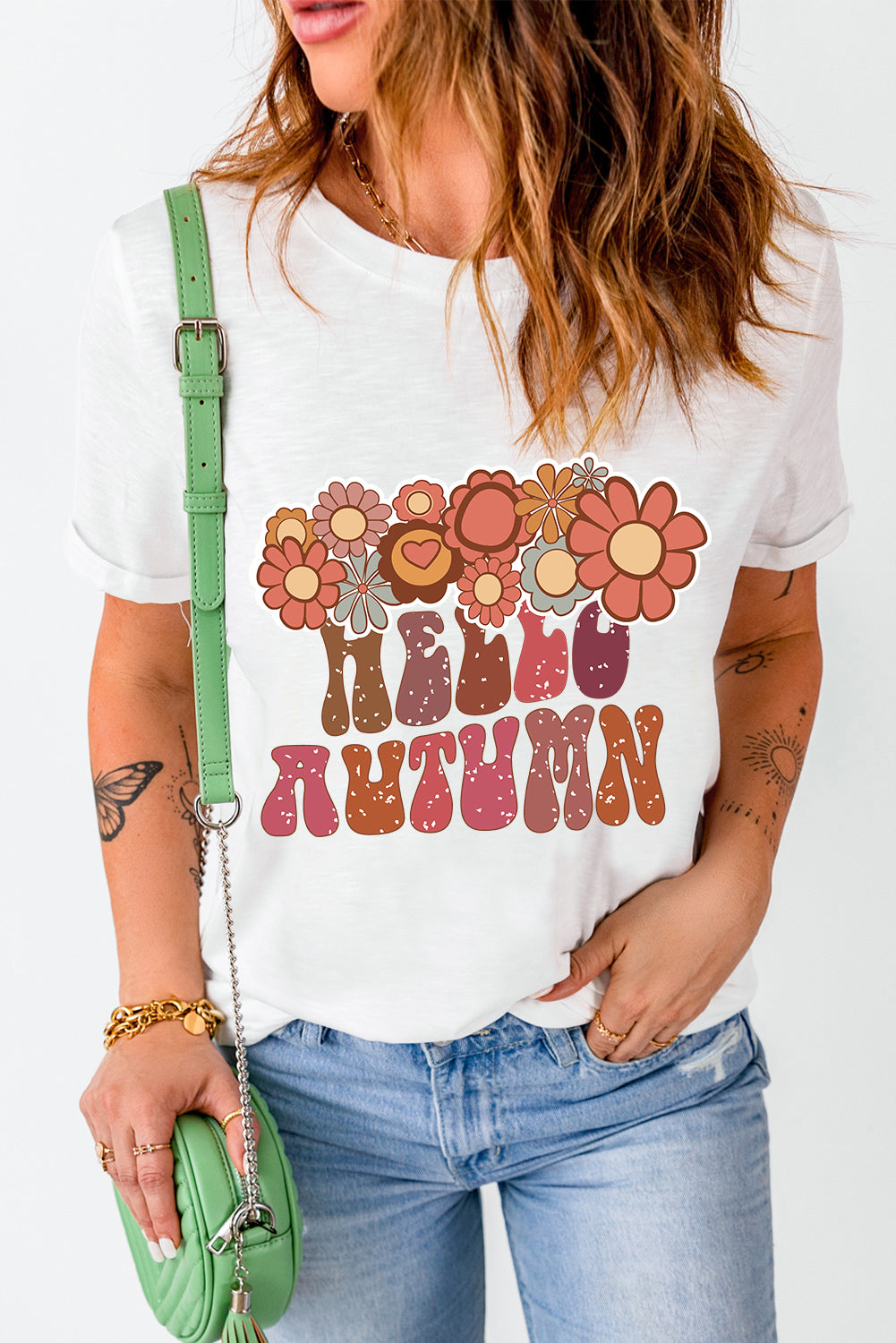 Floral HELLO AUTUMN Printed Crewneck T Shirt