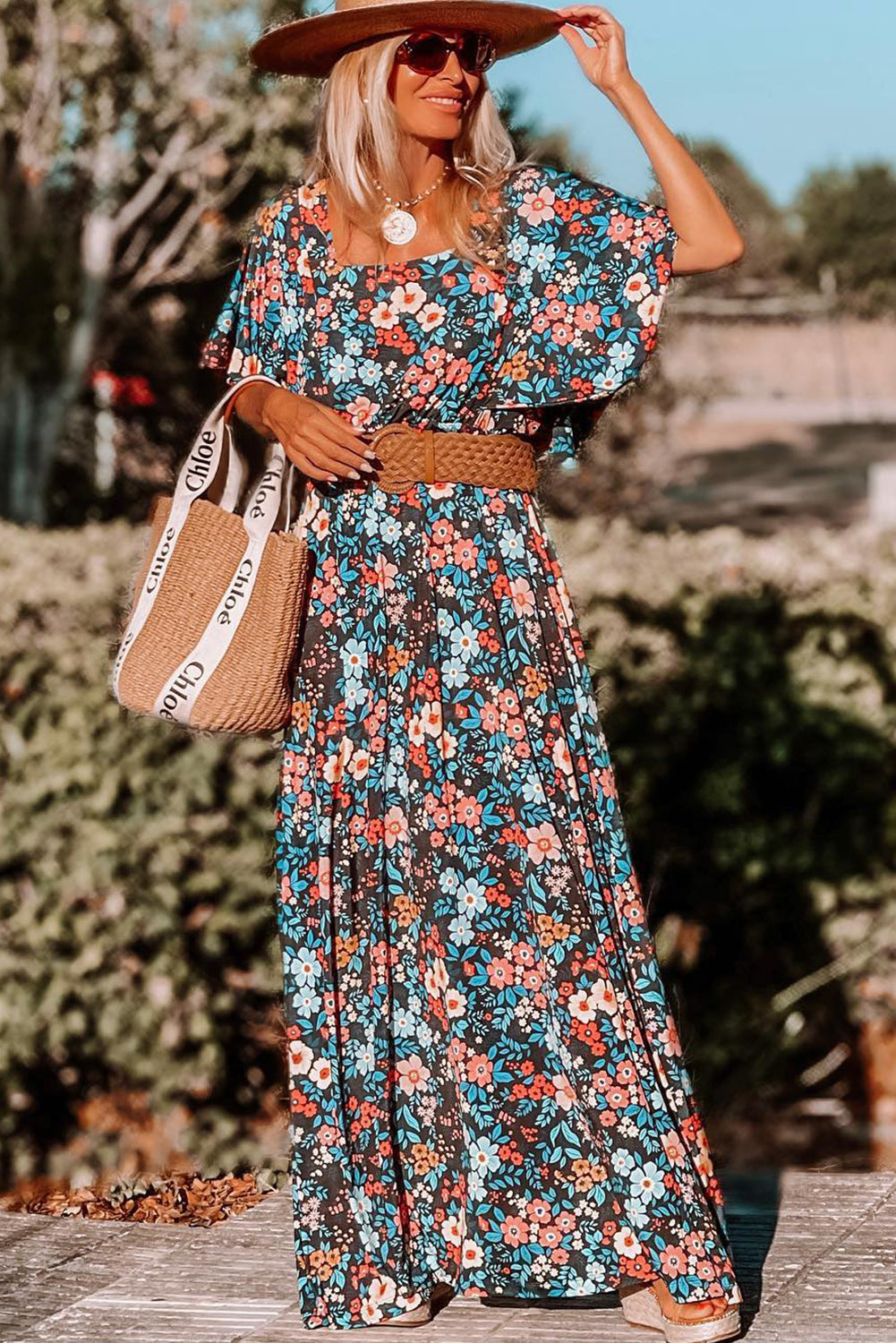 Floral Knotted Back Square Neck Maxi Dress