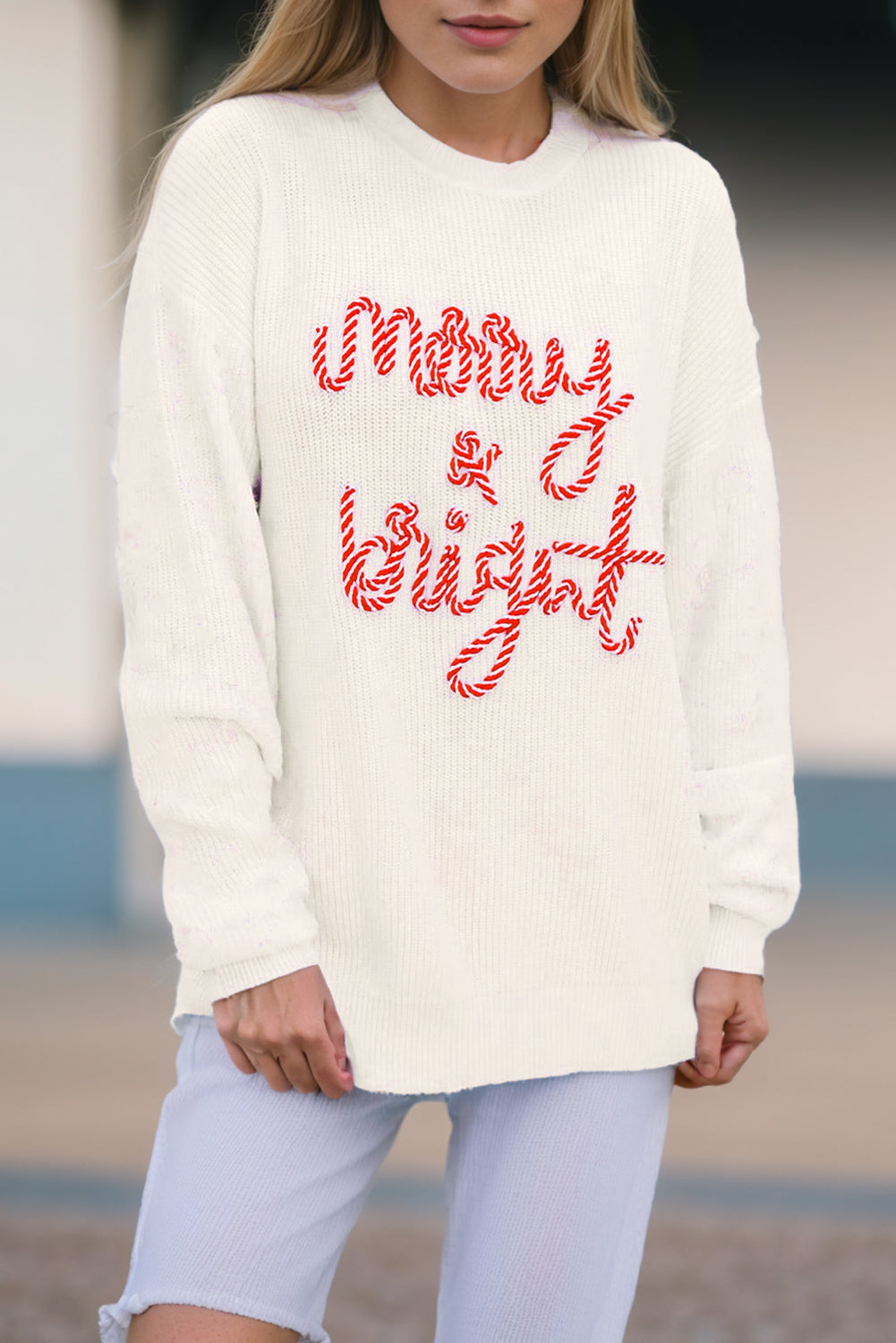 Striped Merry Bright Letter Christmas Sweater