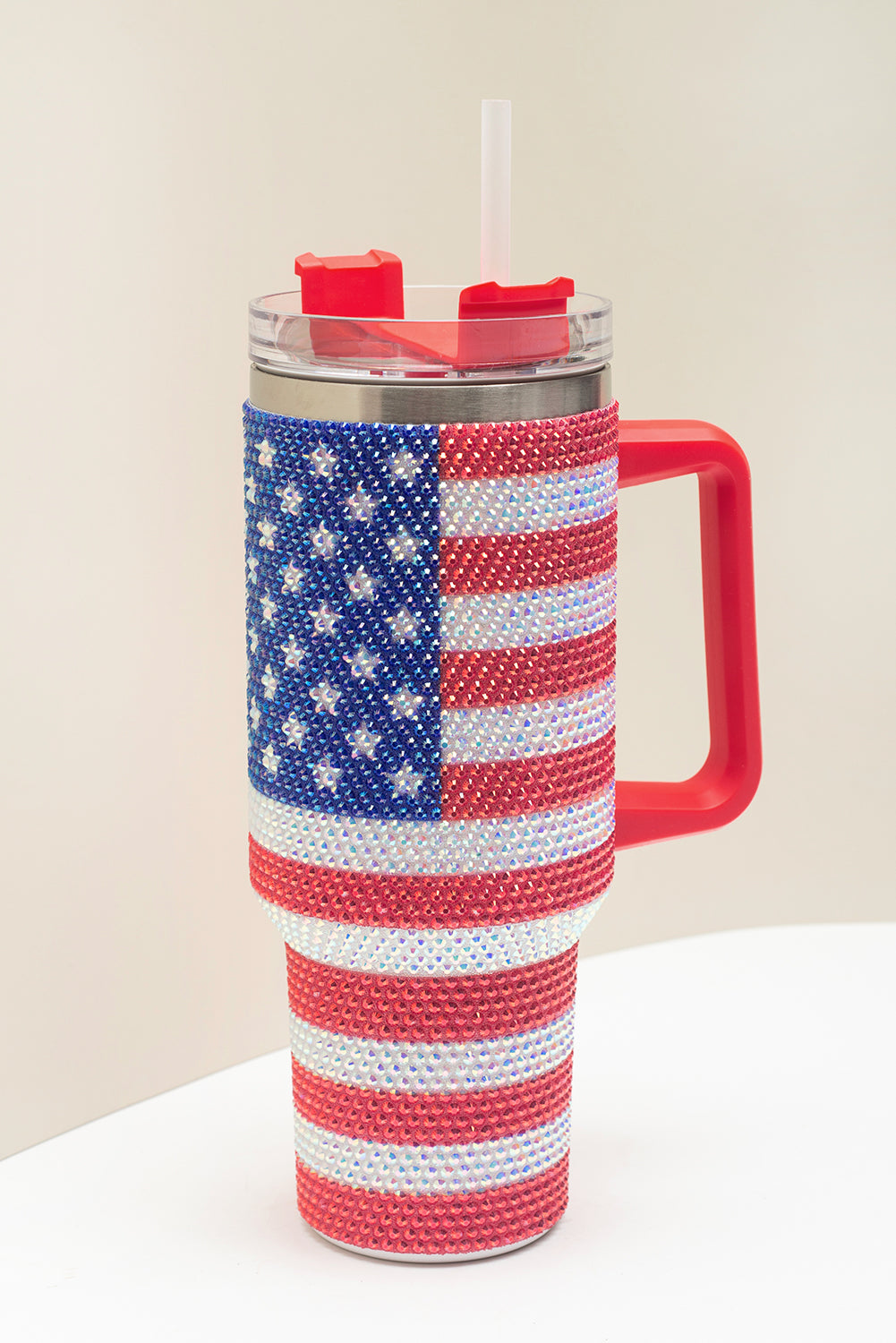 Rhinestone American Flag Print Handled 40oz Thermos Tumbler