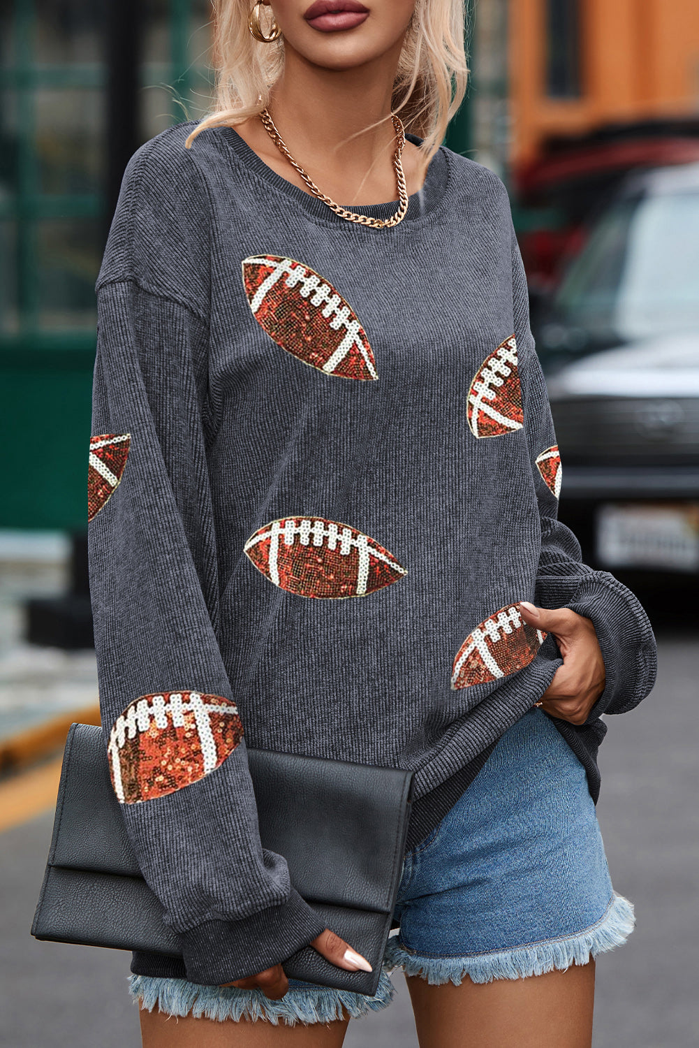 Gray Sequin Football Graphic Corded Baggy Sweatshirt