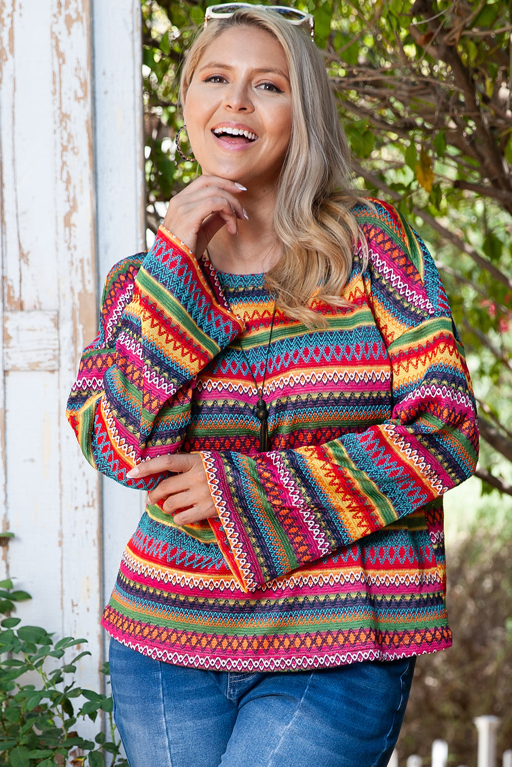 Ethnic Striped Print Long Sleeve Plus Size Top