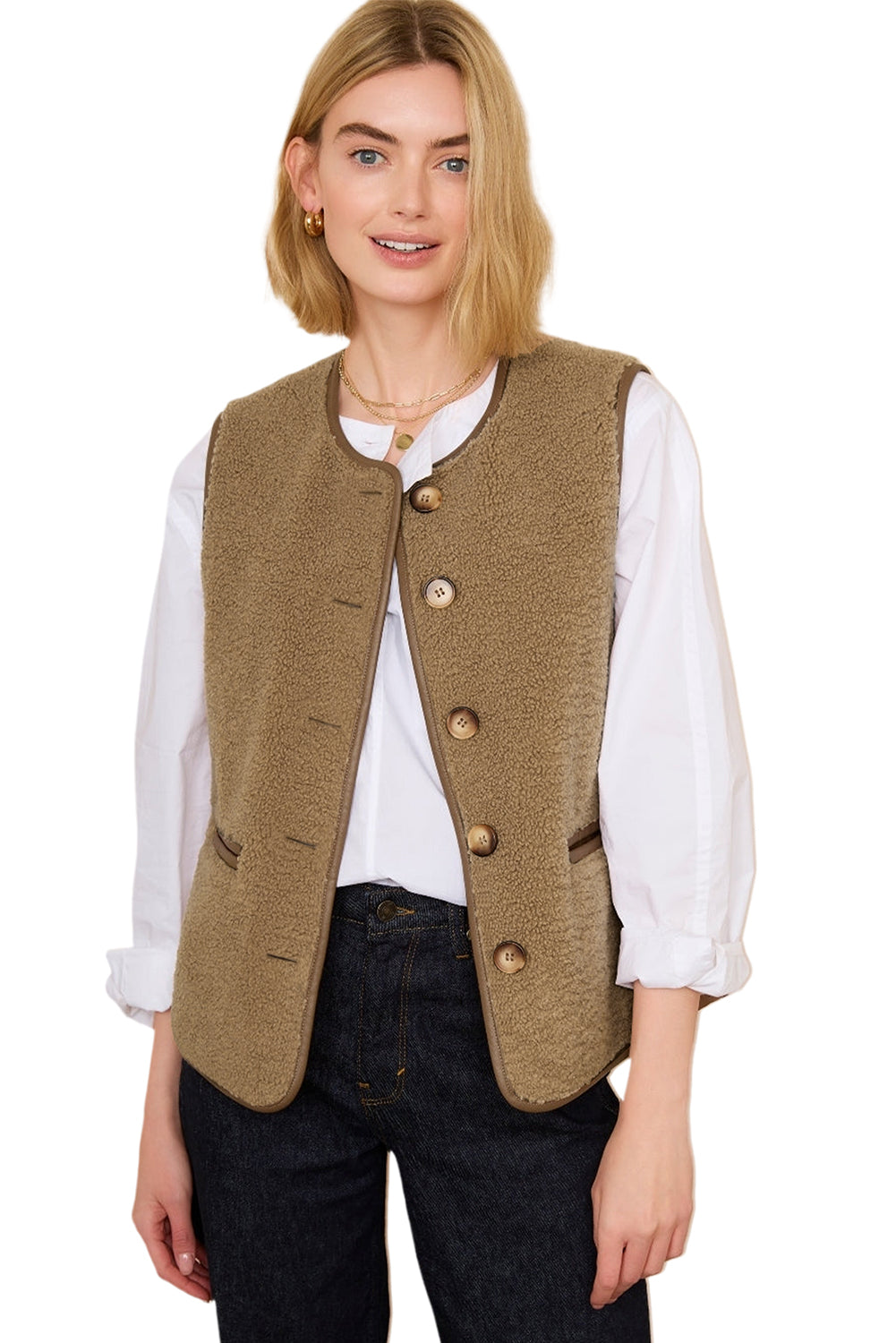 Leather Contrast Side Pockets Buttoned Fleece Vest