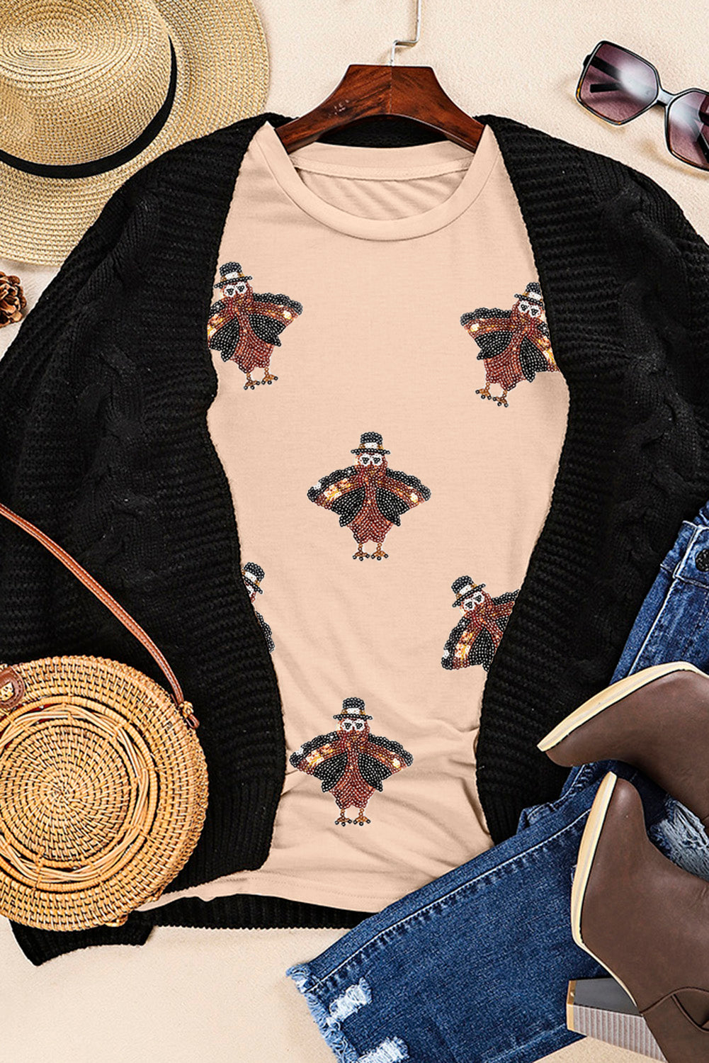 Sequined Turkey Patched Pattern Crewneck Thanksgiving T Shirt