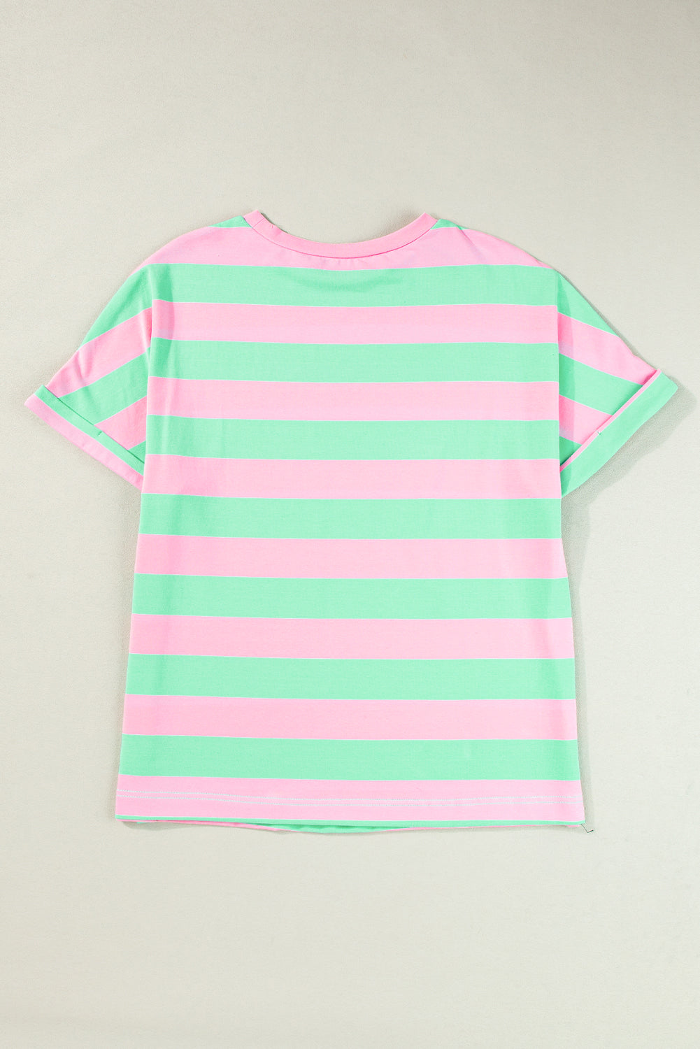 Pink Stripe Colorblock Cuffed Sleeve Loose Tee