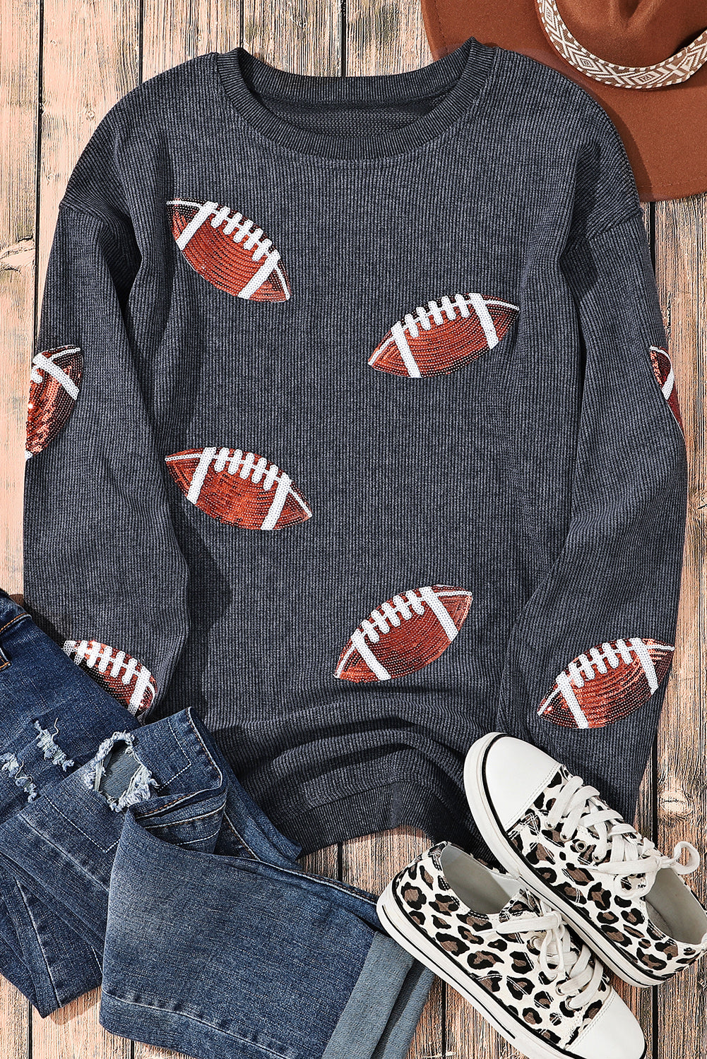 Gray Sequin Football Graphic Corded Baggy Sweatshirt