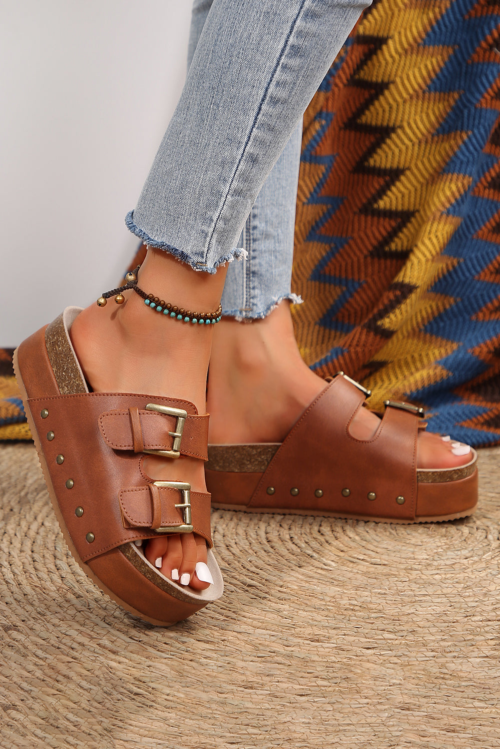 Chestnut Dual Buckle Studded Platform Sandals