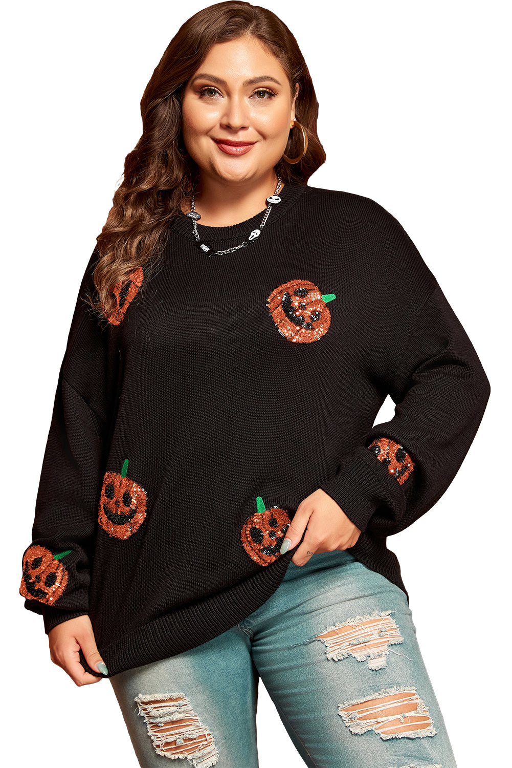 Plus Size Halloween Sequined Pumpkin Pattern Sweater