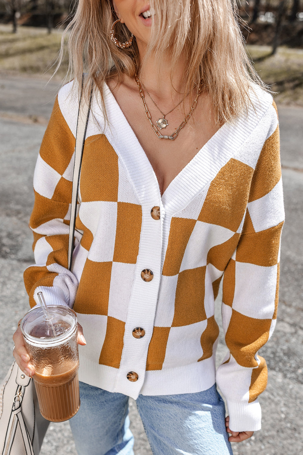 Checkered Print Button Up Sweater Cardigan