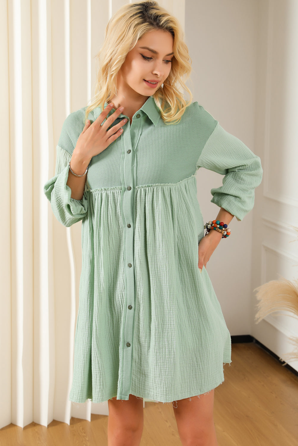 Patchwork Crinkle Puff Sleeve Shirt Dress