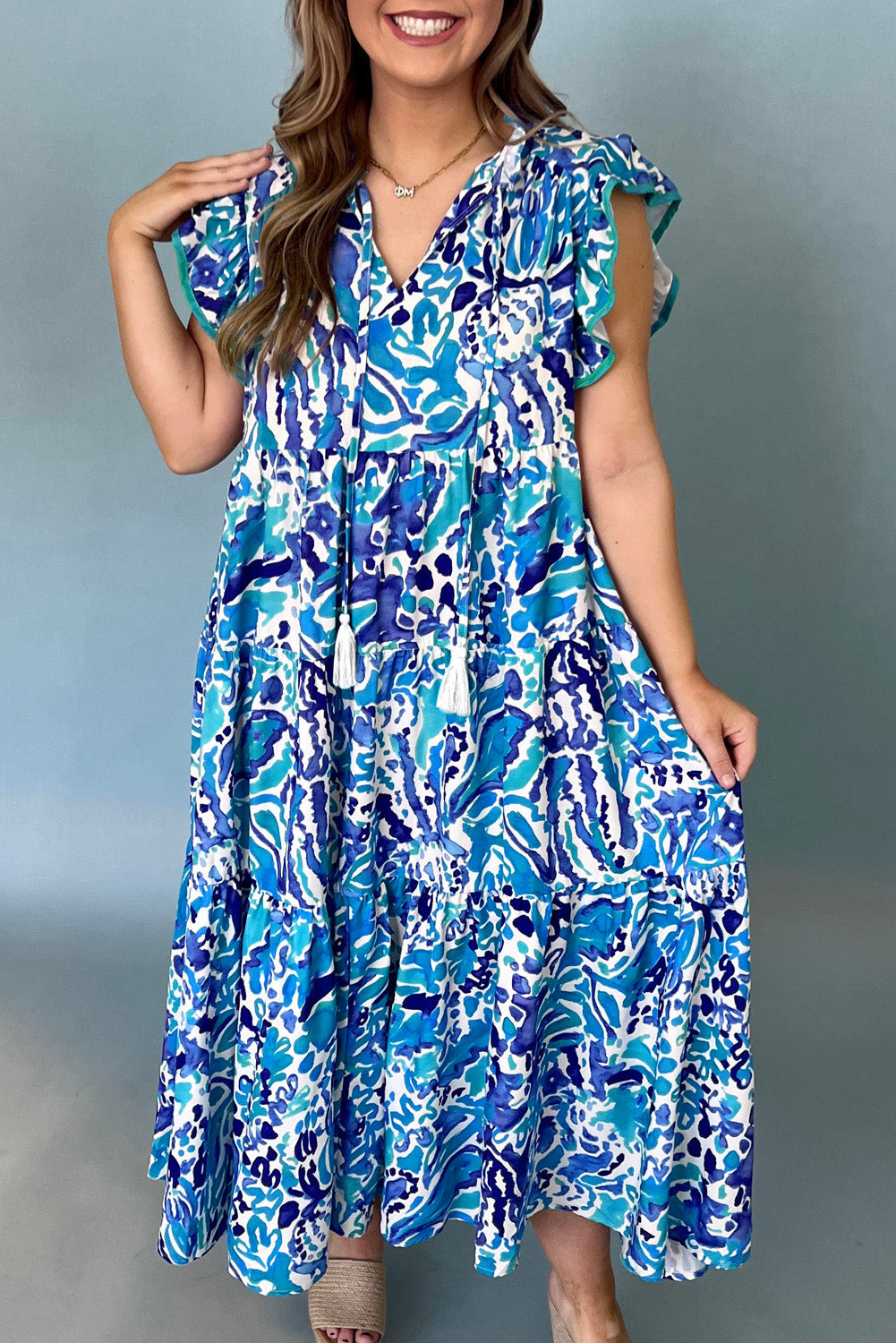 Plus Size Abstract Print Split Neck Ruffled Sleeve Tiered Long Dress