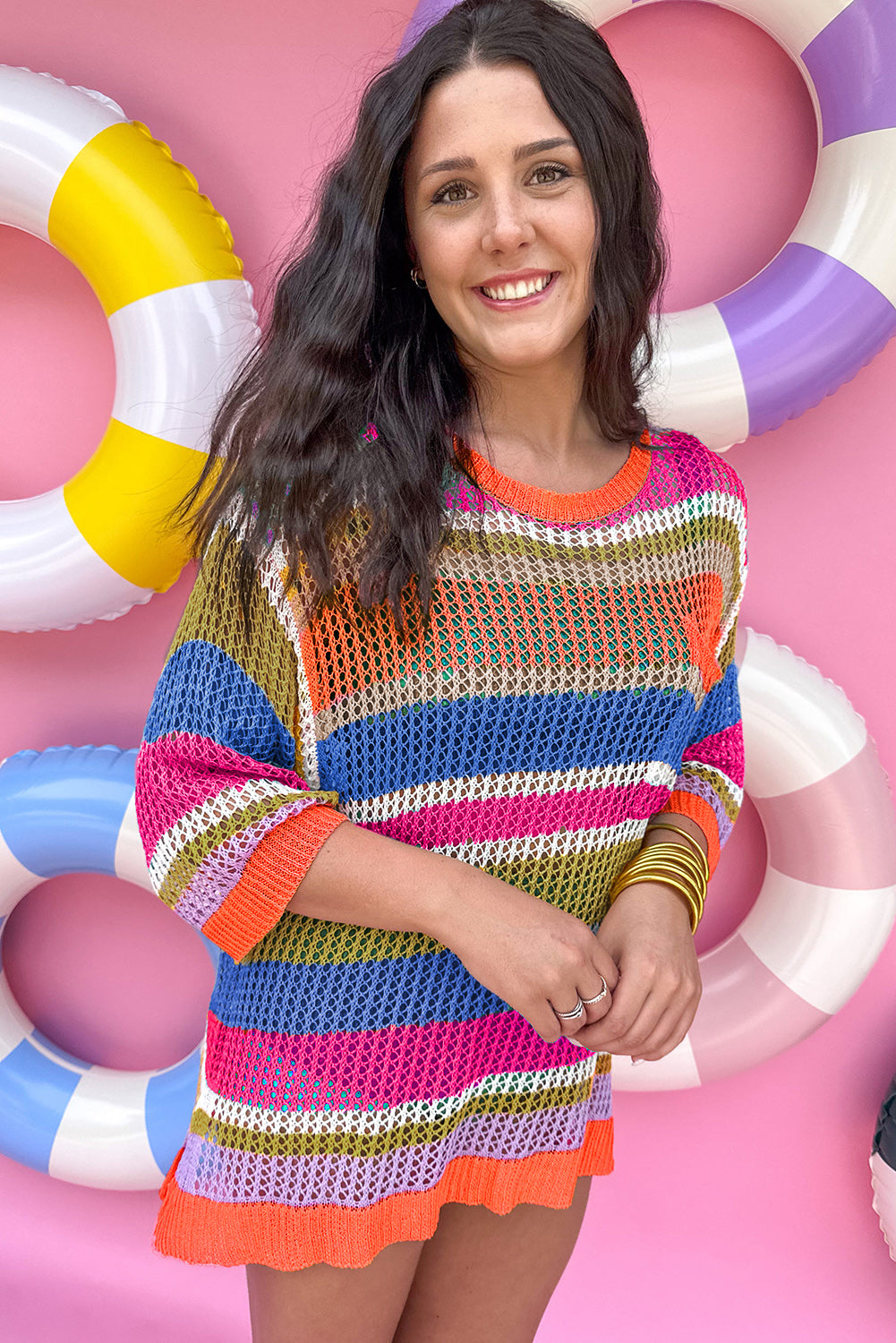 Striped Colorblock Hollowed Crochet 3/4 Sleeve Sweater