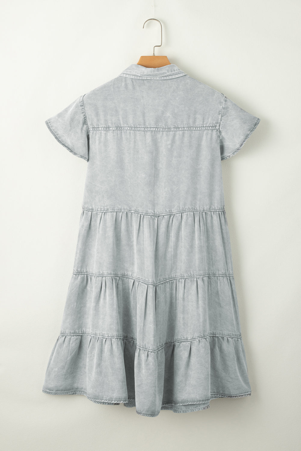 Mineral Washed Ruffle Sleeve Tiered Chambray Dress