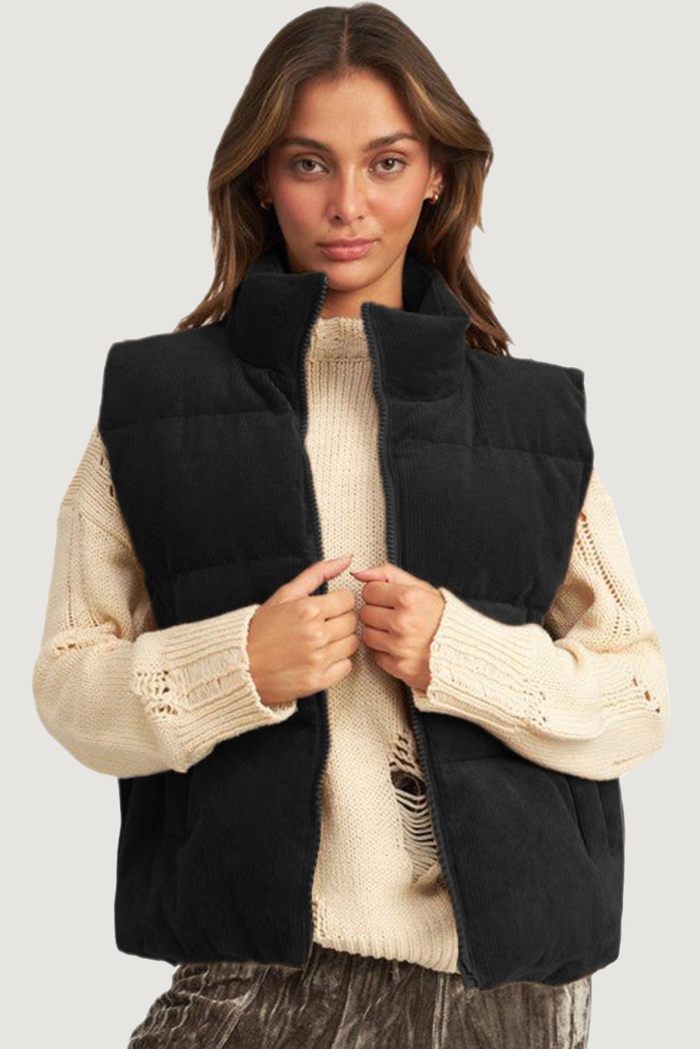 Corduroy Stand Neck Zipped Puffer Vest