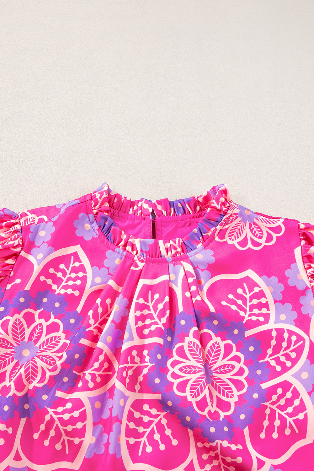 Floral Print Frilled Neck Smocked Puff Sleeve Blouse