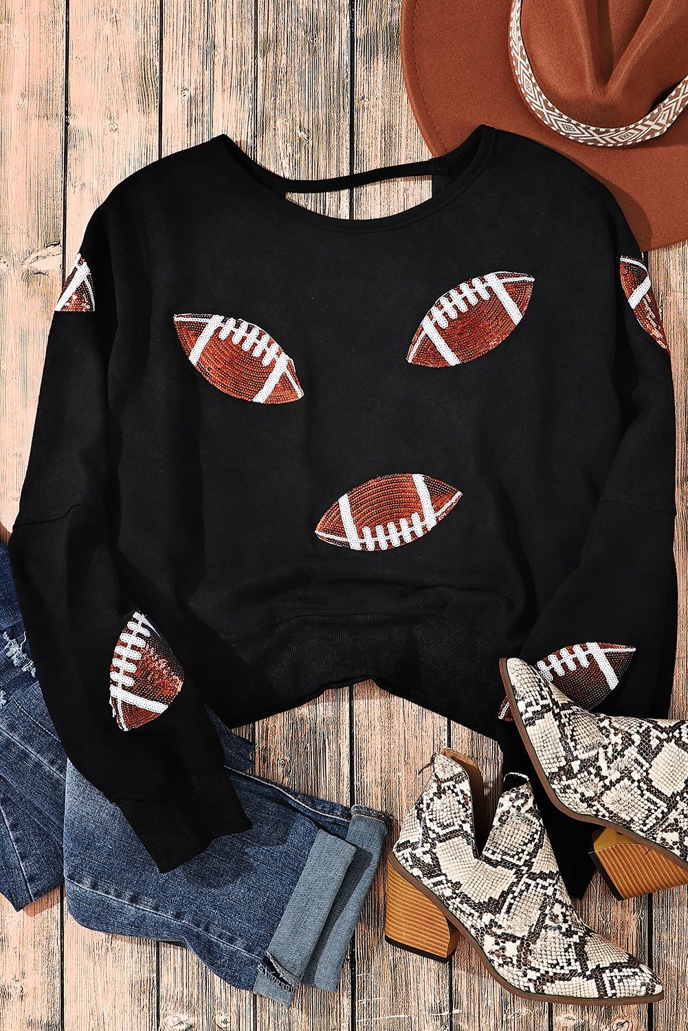 Black Sequined Football Graphic Open Back Sweatshirt