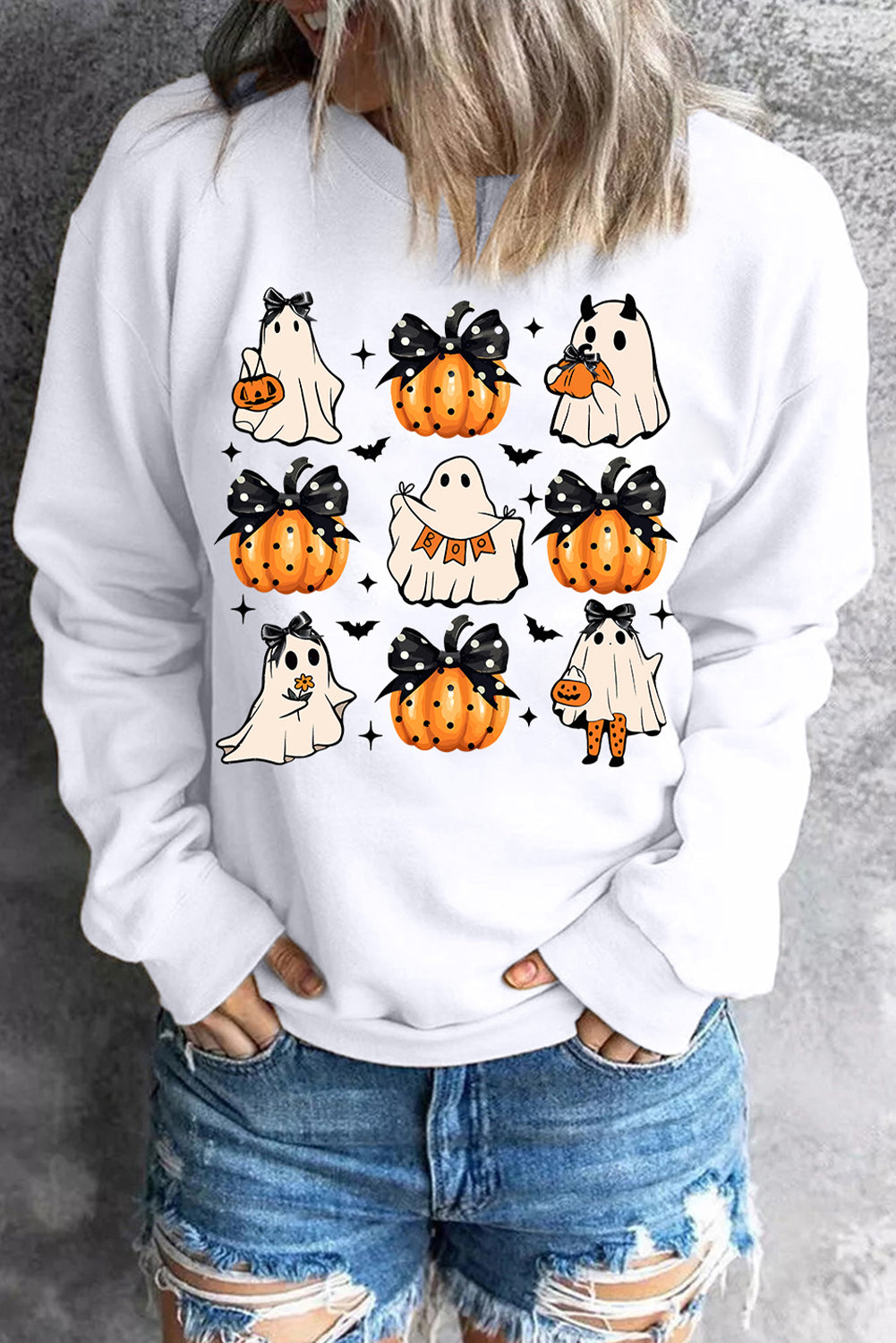 Halloween Ghost Pumpkin Print Crew Neck Sweatshirt