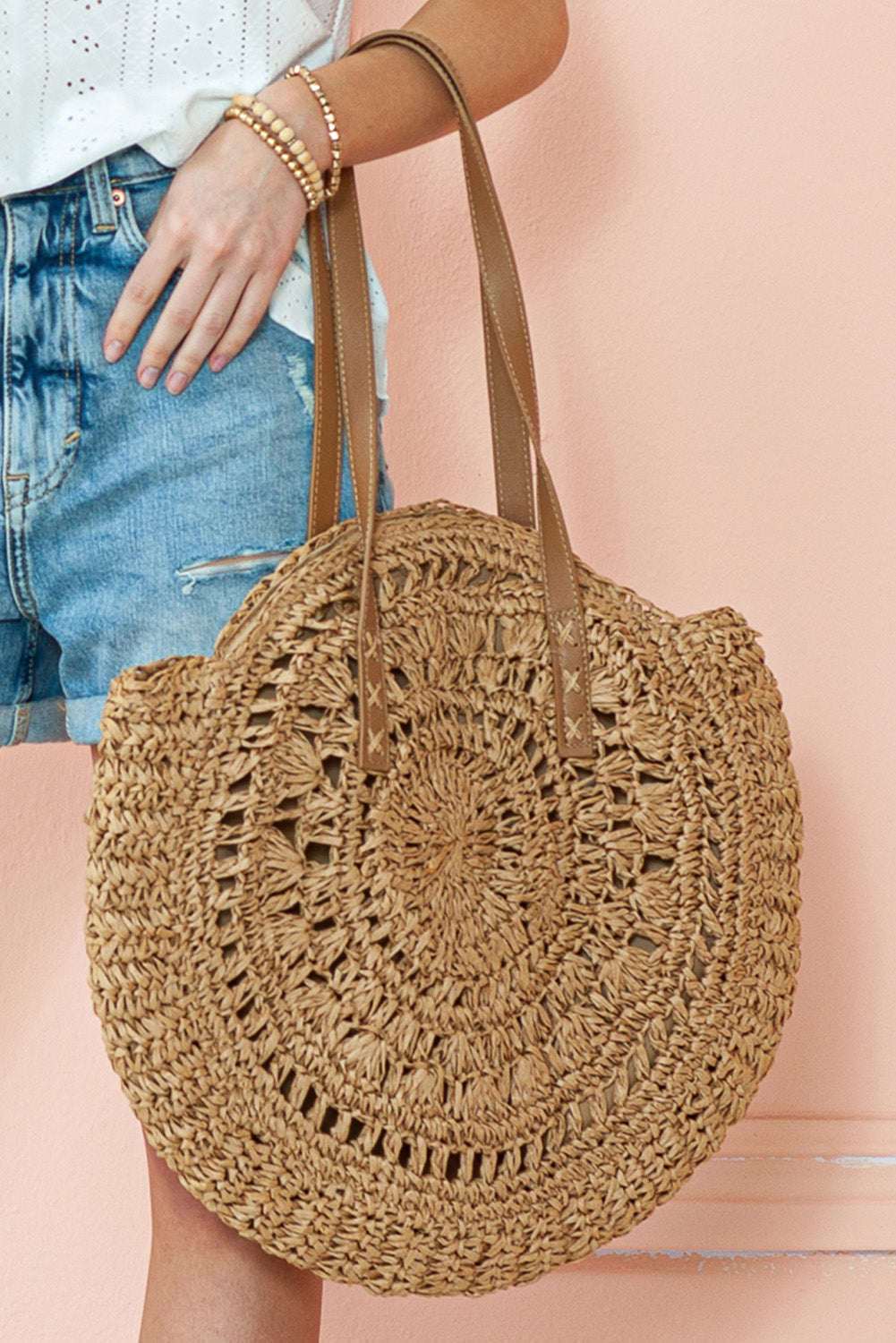 Camel Bohemian Straw Woven Round One Shoulder Bag