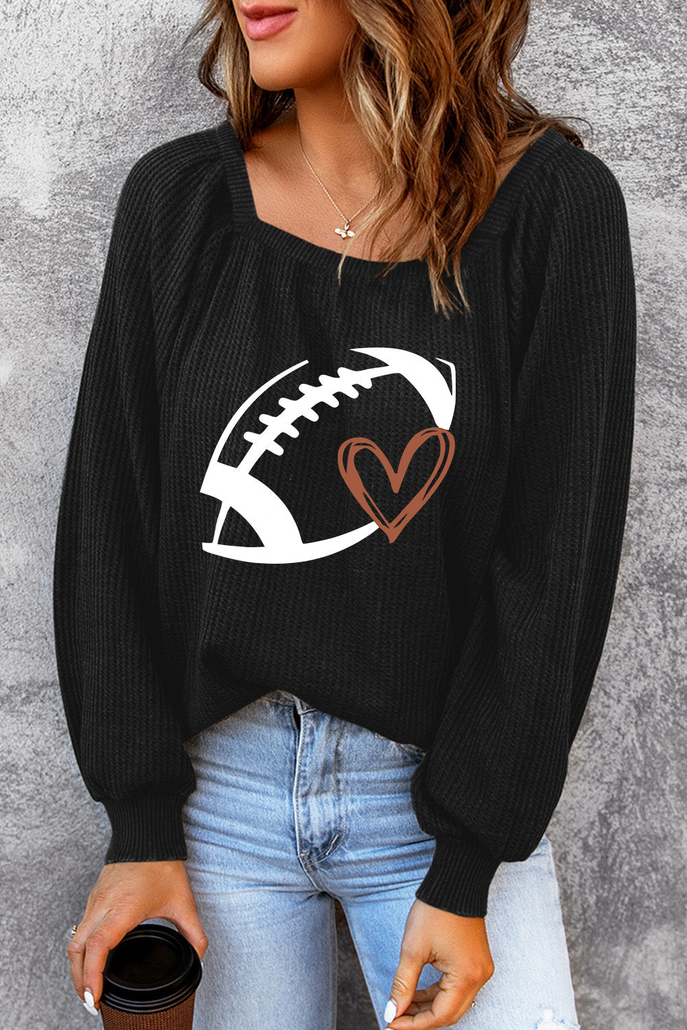 Black Football Print Square Neck Puff Sleeve Waffle Top