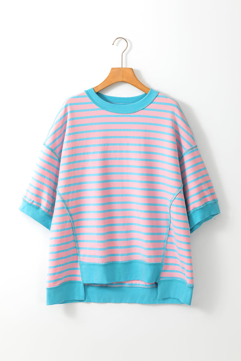 Sky Blue Stripe Oversized Contrast Trim Exposed Seam High Low T Shirt