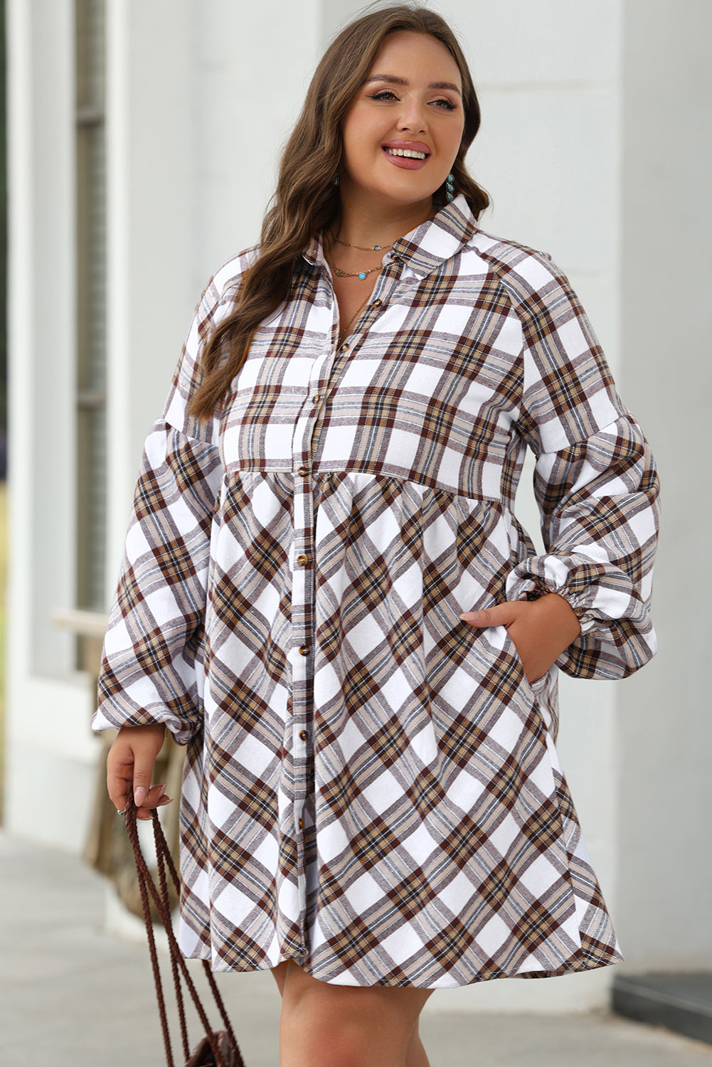 Plaid Bubble Sleeve Flowy Shirt Dress