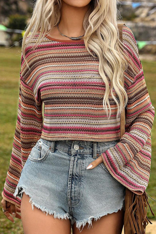 Ethnic Striped Wide Cropped Long Sleeve Top