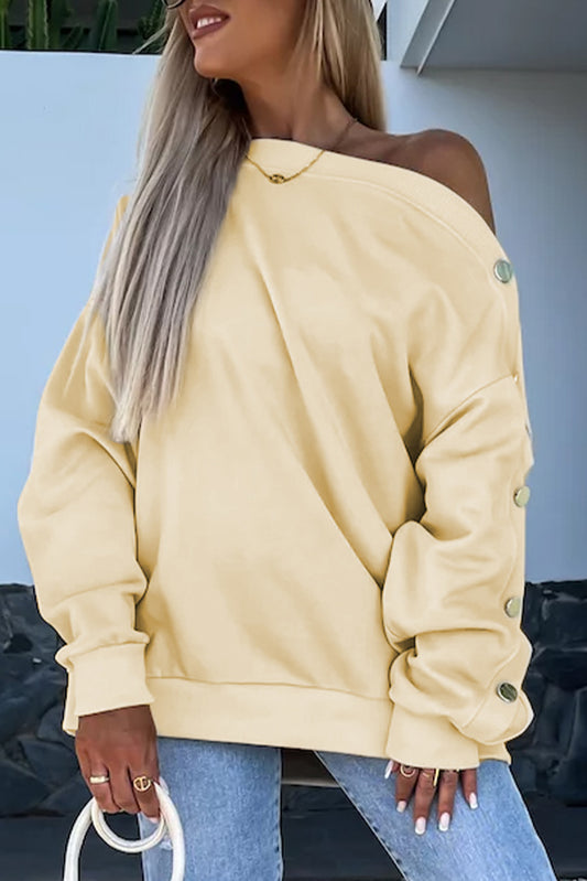 Beige Buttoned Sleeve Drop Shoulder Sweatshirt