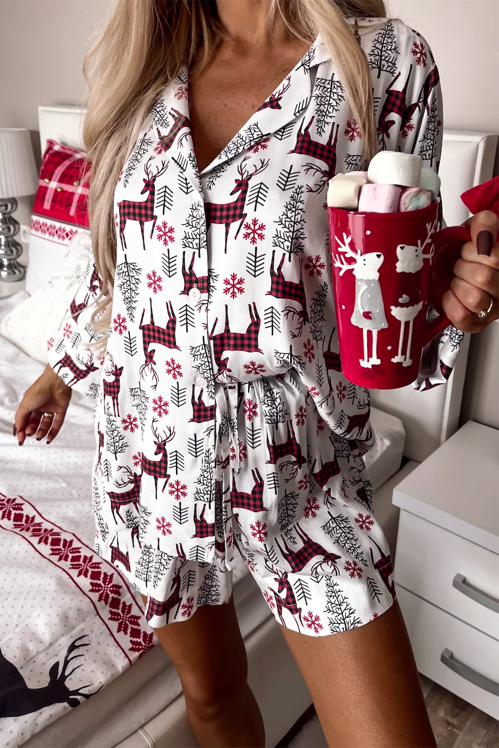 Christmas Deer Printed Shirt and Shorts Lounge Set