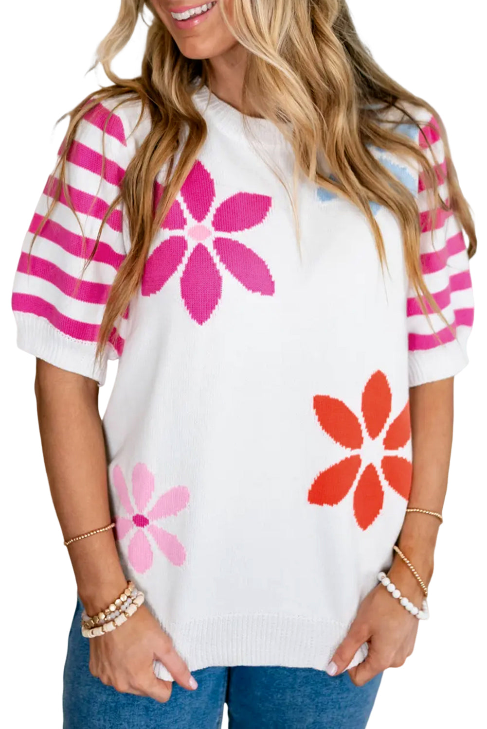 Floral Pattern Striped Sleeve Sweater T Shirt