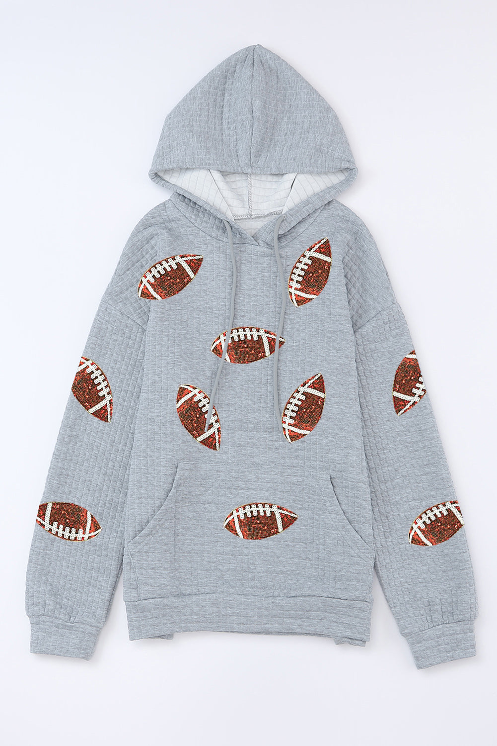 Gray Sequin Football Waffle Knit Kangaroo Pocket Loose Hoodie