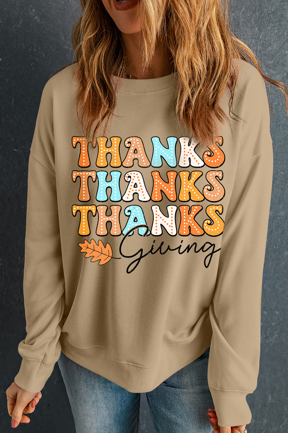 THANKS giving Leaves Printed Drop Shoulder Sweatshirt