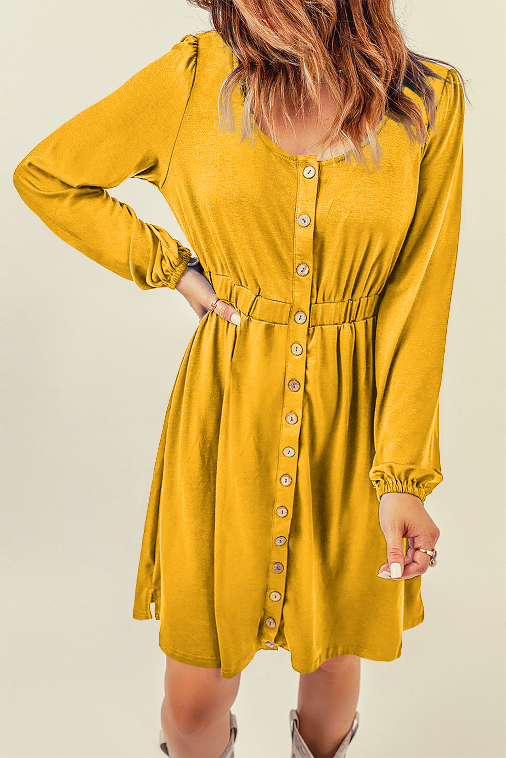 Green Button Up High Waist Long Sleeve Dress