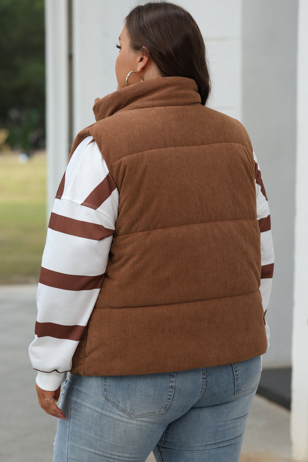 Corduroy Stand Neck Zipped Puffer Vest