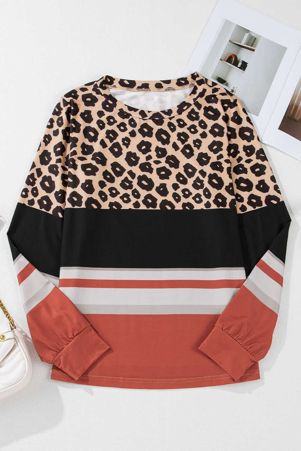 Leopard Color Block Crewneck Long Sleeve Top