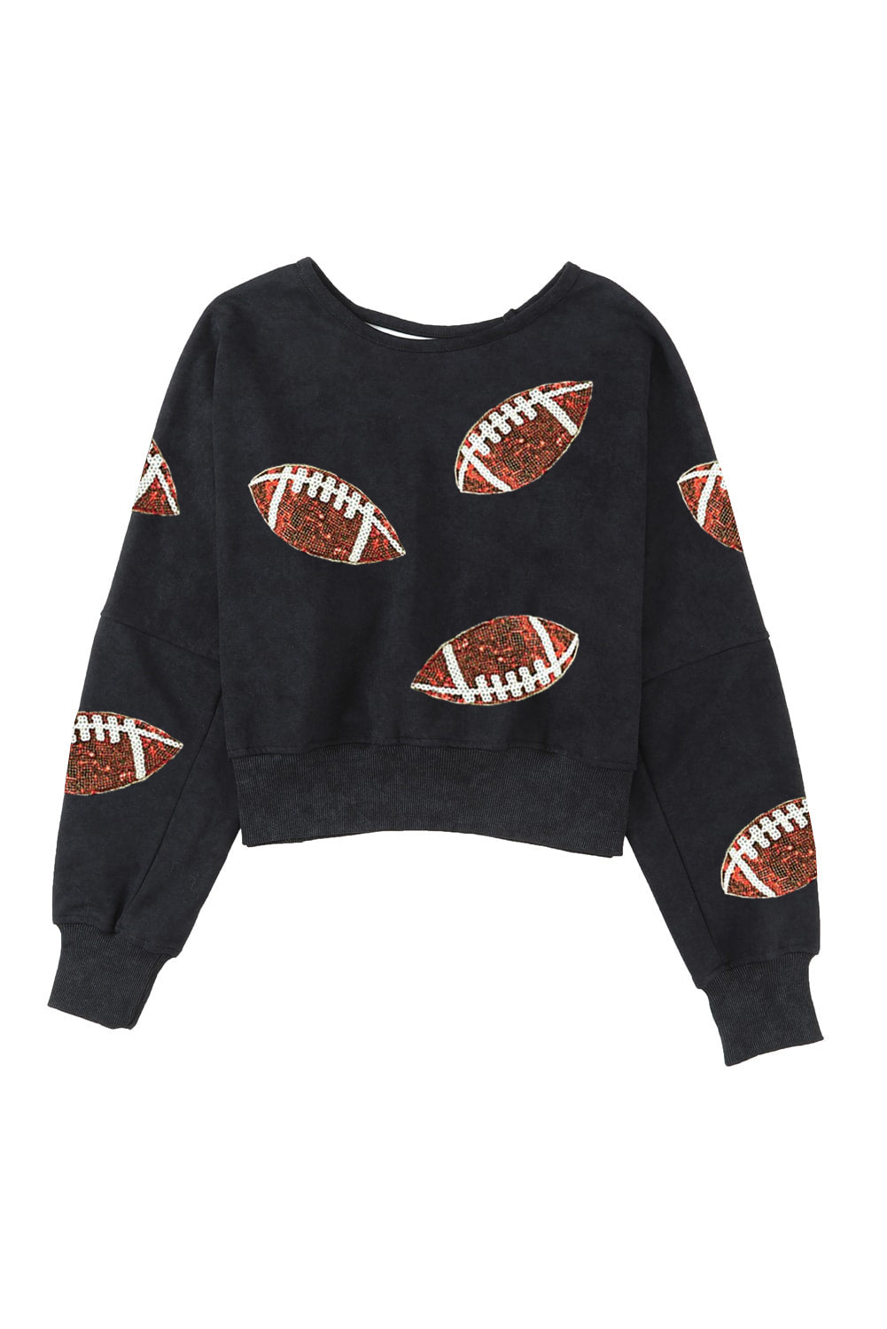 Black Sequined Football Graphic Open Back Sweatshirt