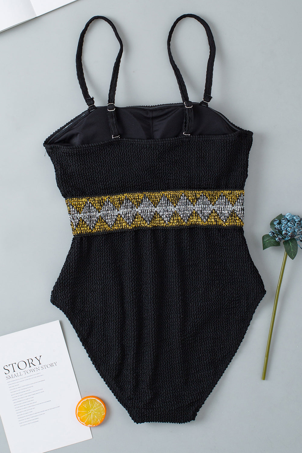 Black Geometric Trim High Waist Strapless One Piece Swimsuit