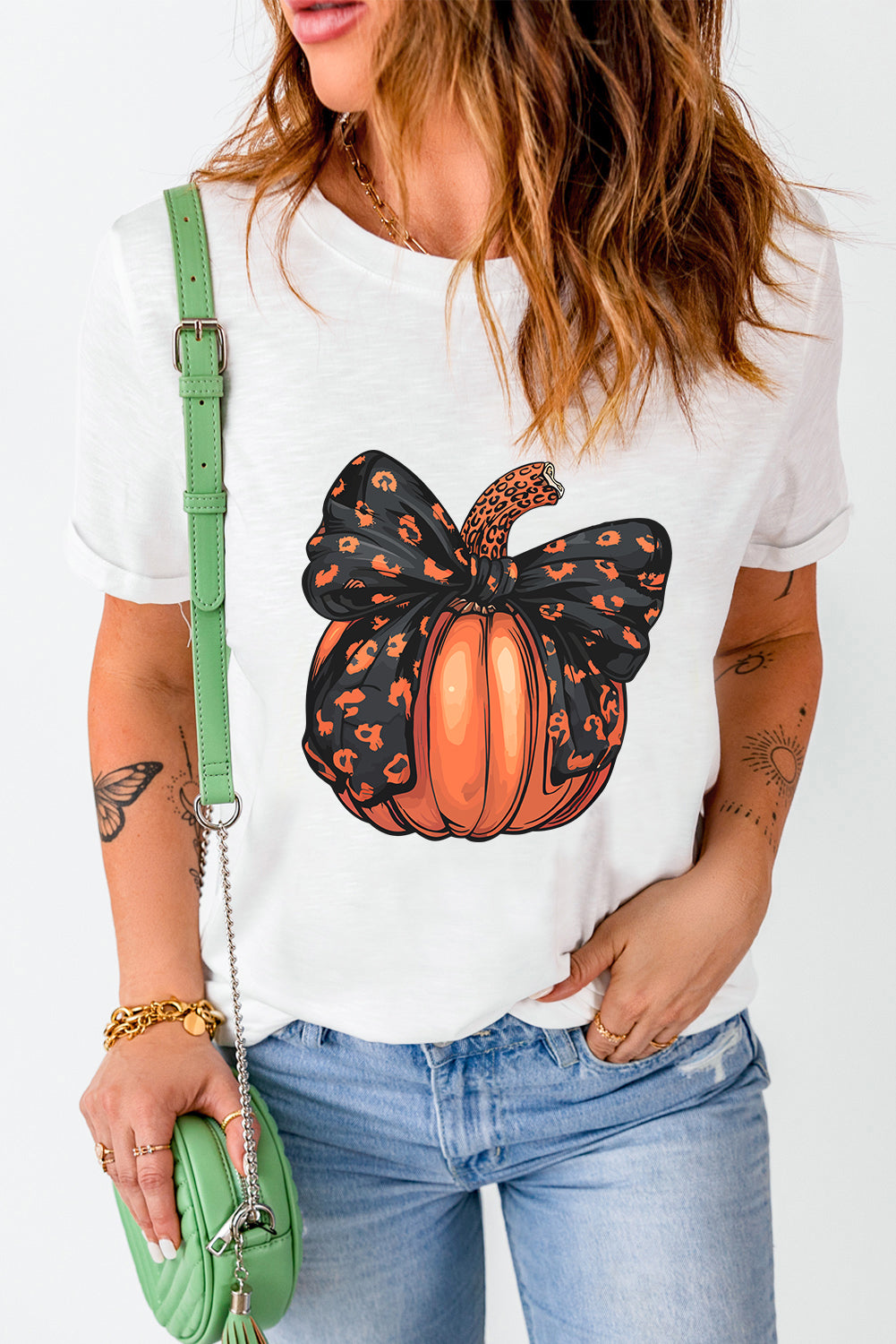 Halloween Bowknot Pumpkin Graphic Crewneck T Shirt