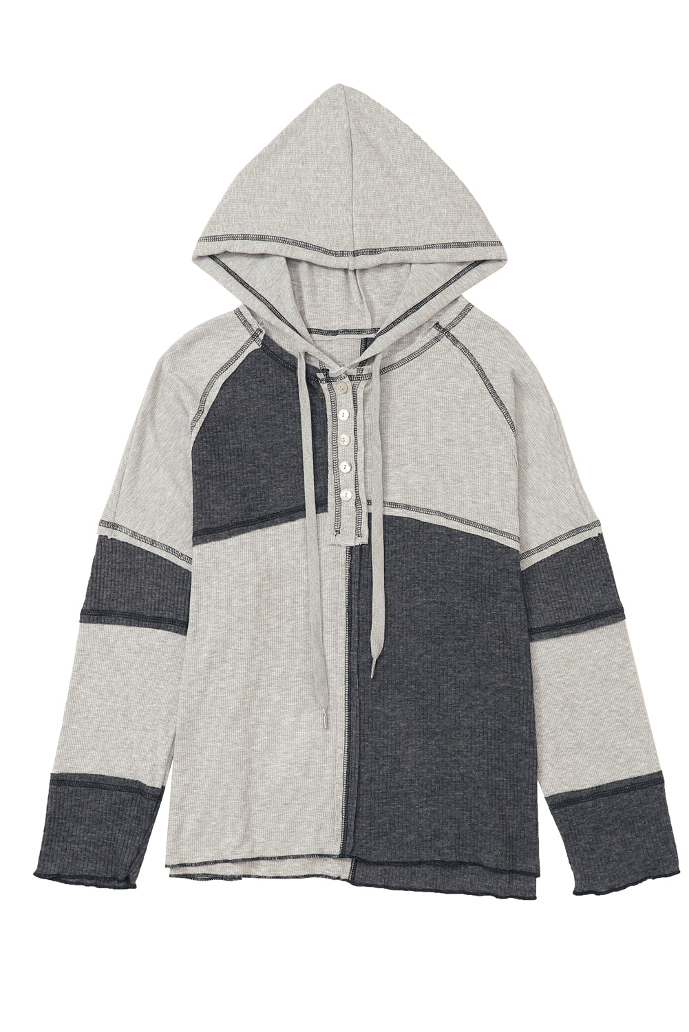 Multicolor Colorblock Seamed Ribbed Henley Hoodie