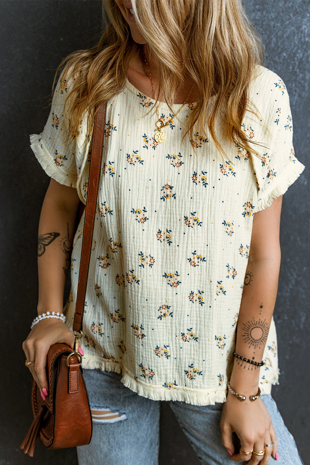 Floral Detail Fringe Trimming Textured Top