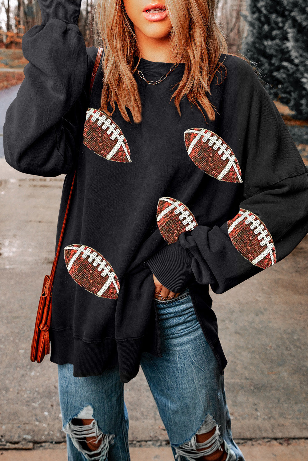 Black Football Print Side Split Loose Fit Sweatshirt