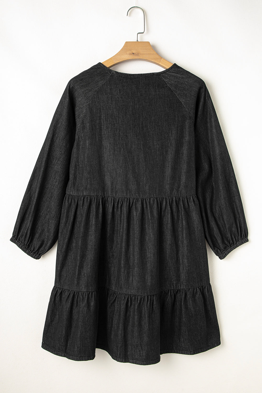 Black Puff Sleeve V Neck Tiered Ruffled Chambray Mini Dress