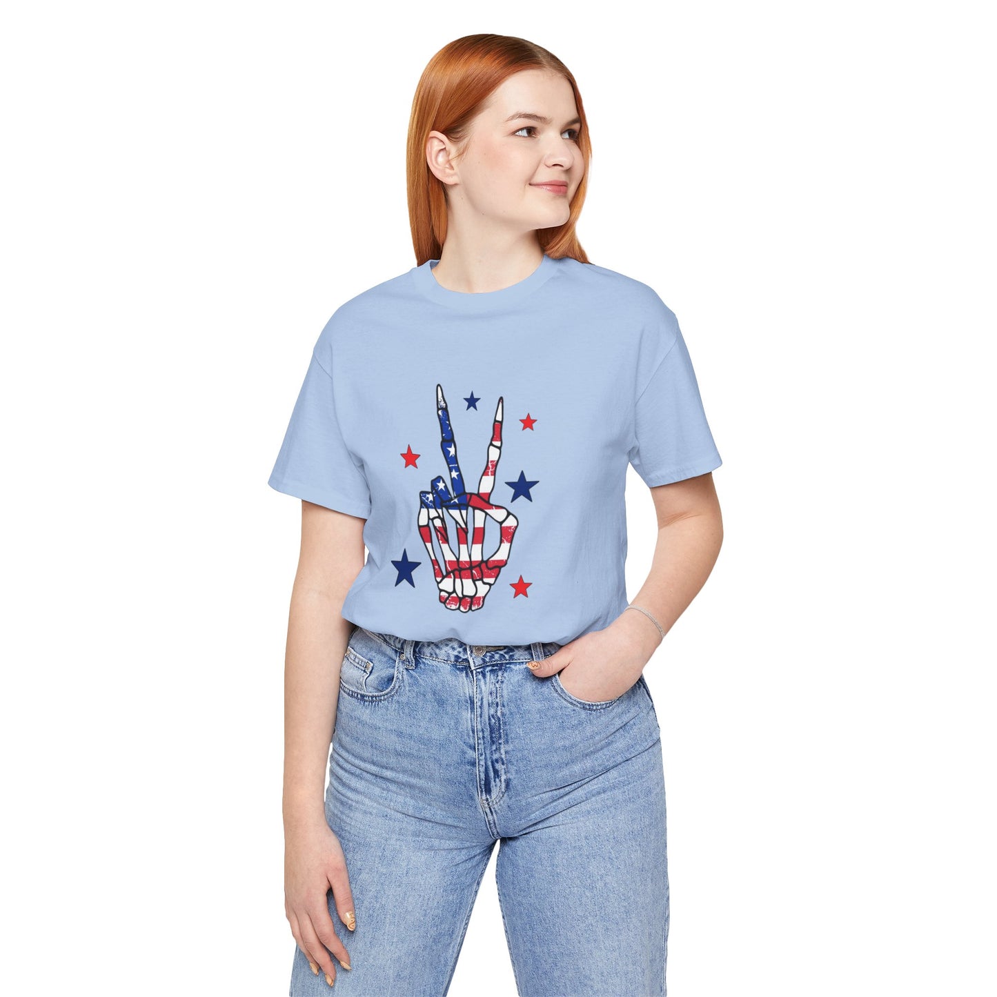 Patriotic Skeleton Peace Hand Unisex Jersey Short Sleeve Tee