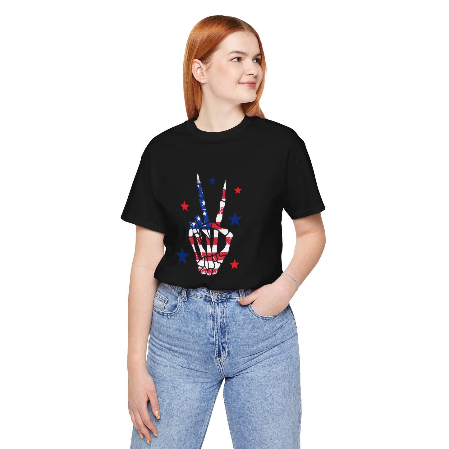 Patriotic Skeleton Peace Hand Unisex Jersey Short Sleeve Tee