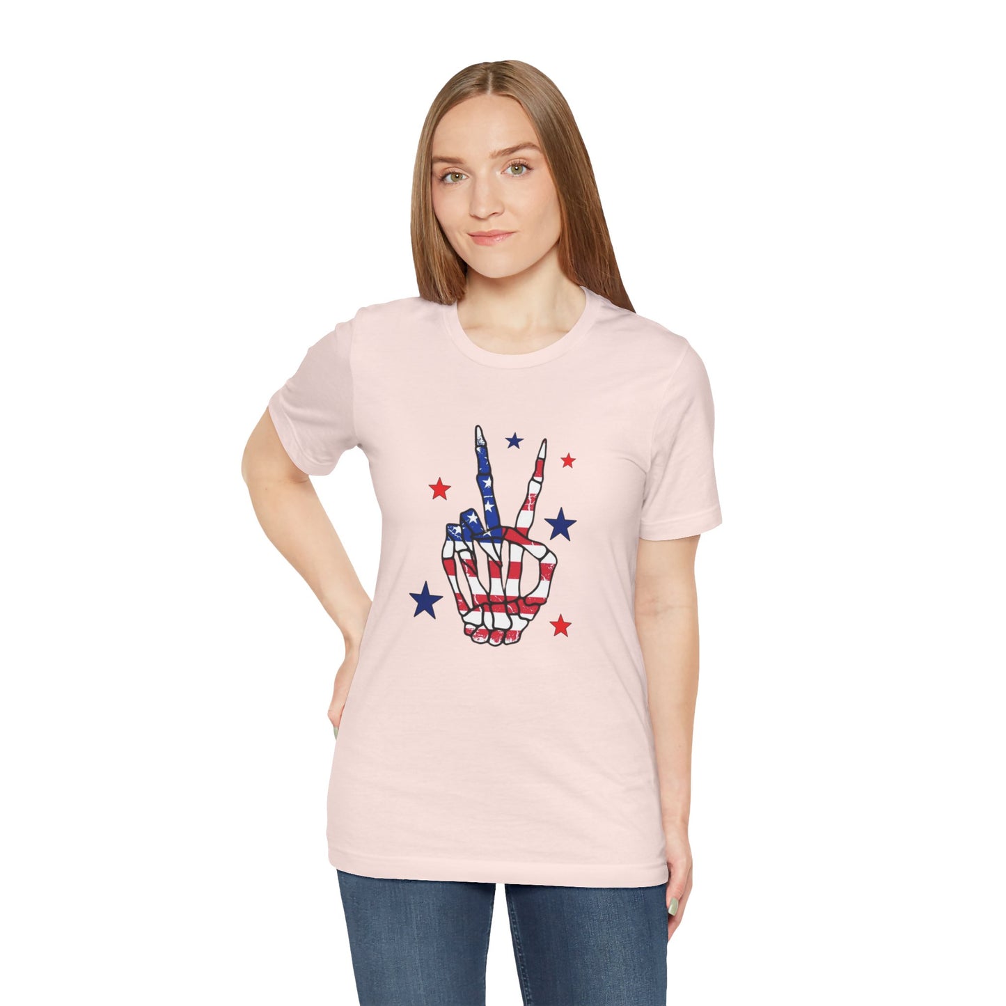 Patriotic Skeleton Peace Hand Unisex Jersey Short Sleeve Tee