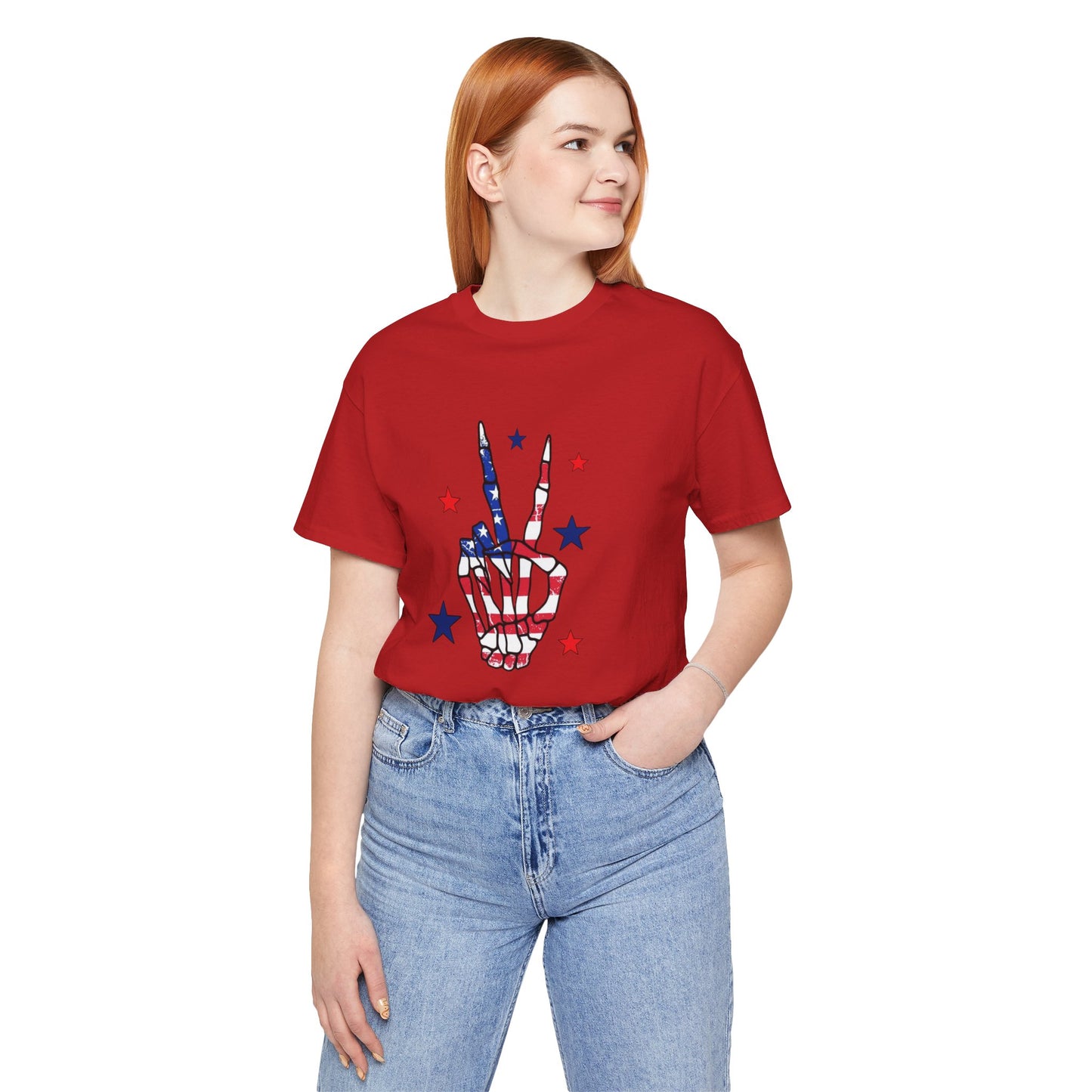 Patriotic Skeleton Peace Hand Unisex Jersey Short Sleeve Tee