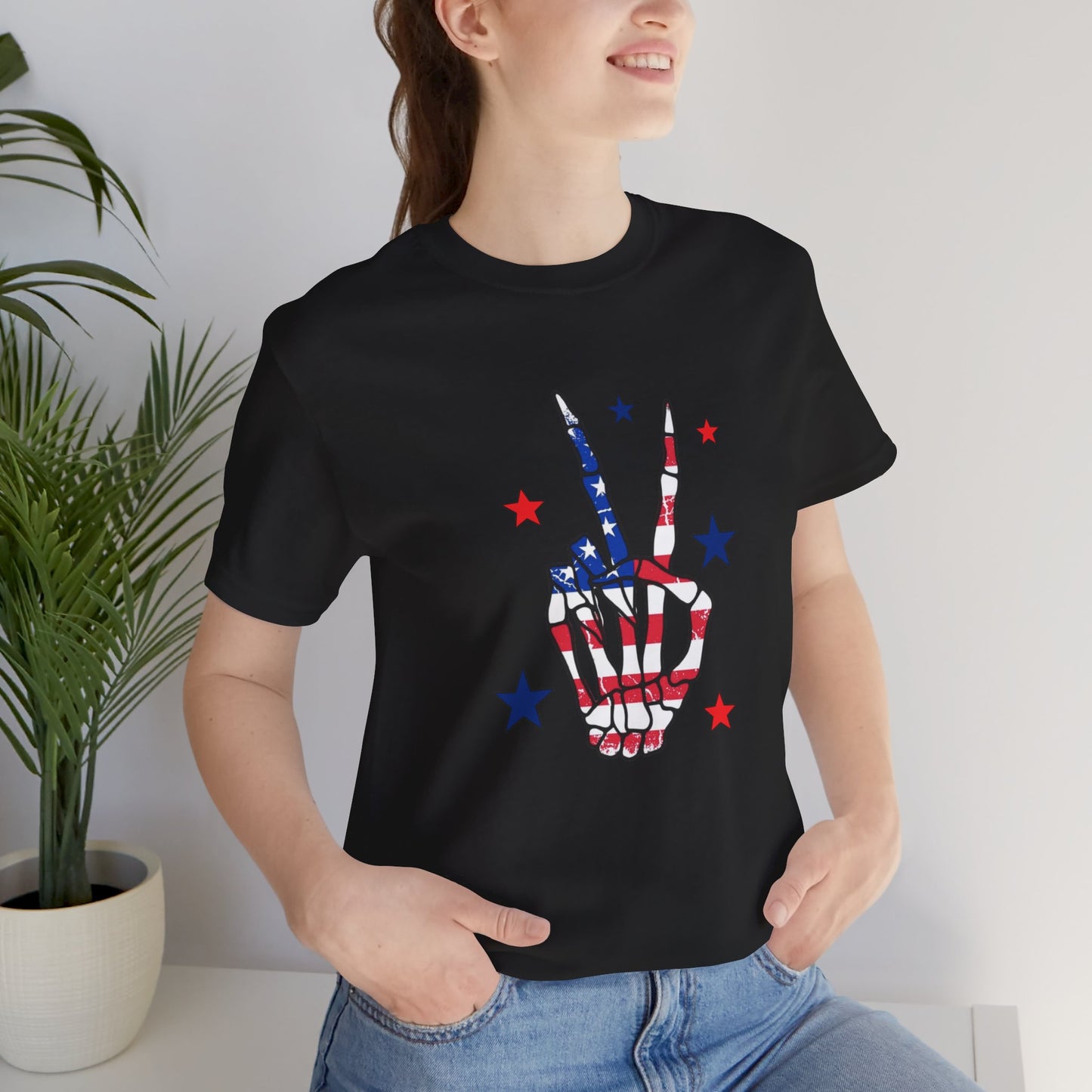 Patriotic Skeleton Peace Hand Unisex Jersey Short Sleeve Tee