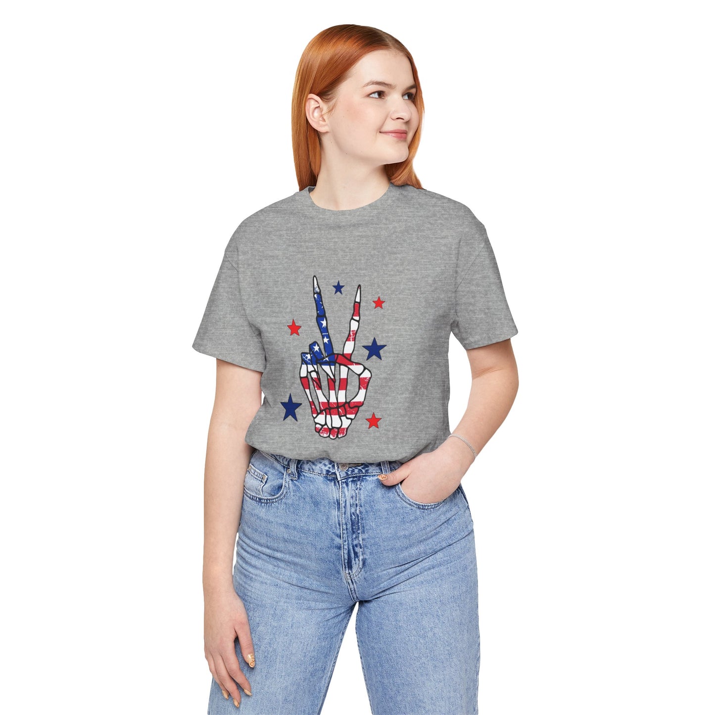 Patriotic Skeleton Peace Hand Unisex Jersey Short Sleeve Tee