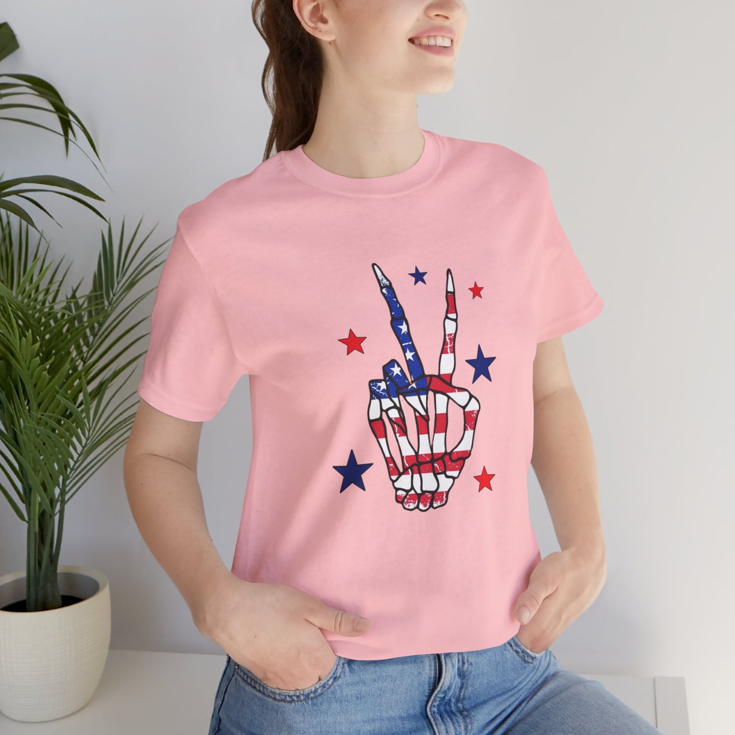 Patriotic Skeleton Peace Hand Unisex Jersey Short Sleeve Tee