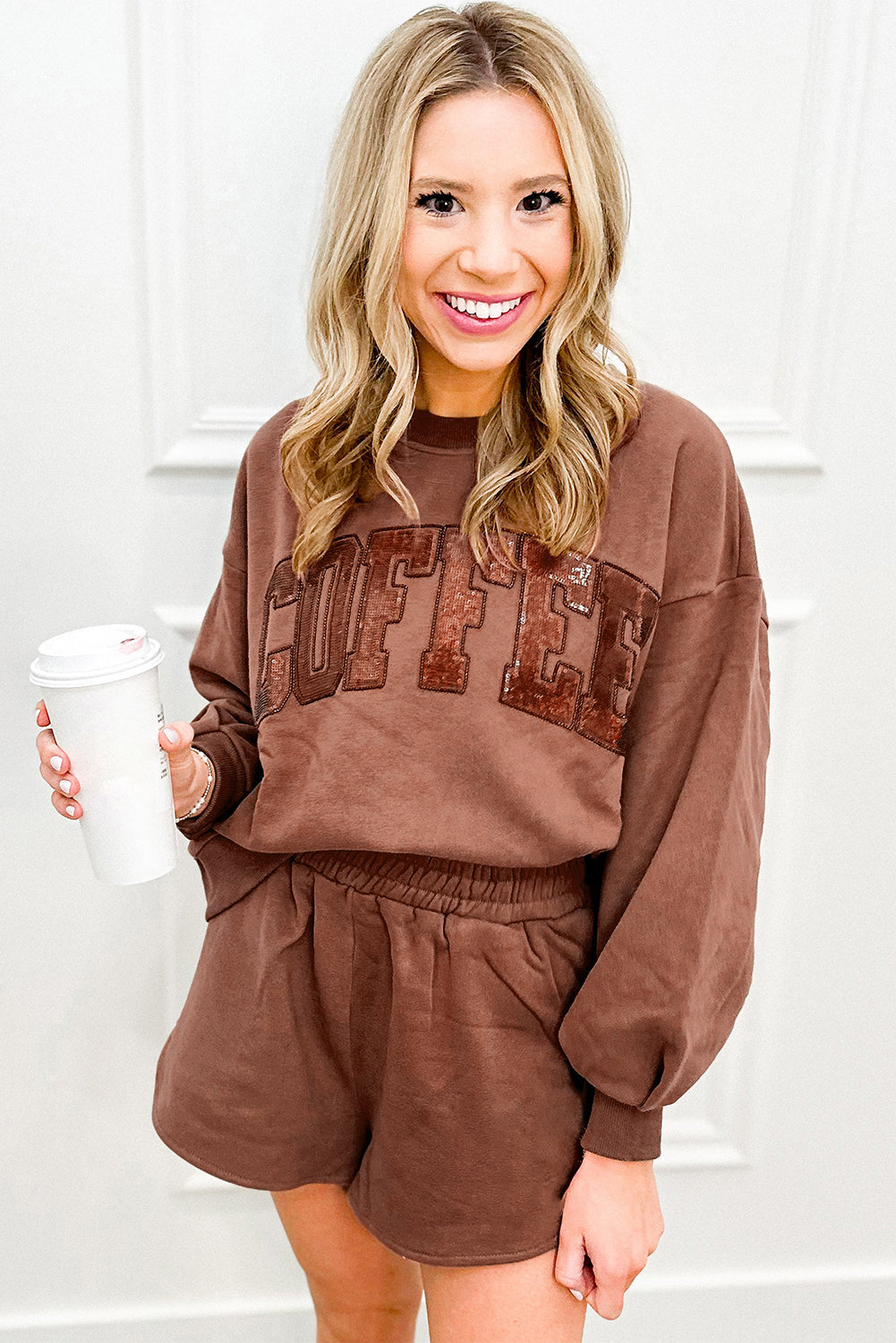 Sequined COFFEE Loose Fit Sweatshirt and Shorts Set